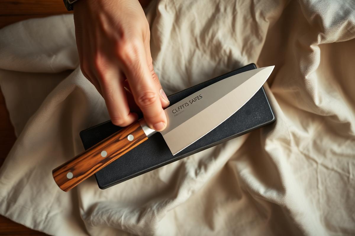 Affilatura di un coltello da cucina con manico in legno su una pietra ad acqua